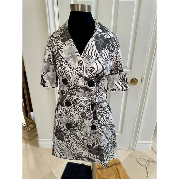 NWT VERTIGO Paris‎ Trench Pea Coat Belted Short Sleeve Double Breasted B &W Sz S